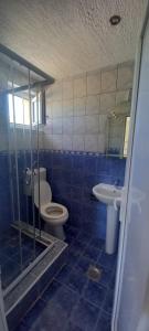 een blauw betegelde badkamer met een toilet en een wastafel bij Apartmani Stojanović in Sutomore