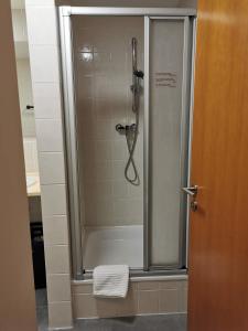 a shower with a glass door in a bathroom at Panorama Apartment Gerlitzen in Treffen