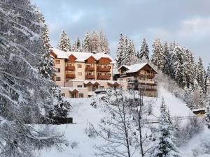 a lodge in the snow with snow covered trees at Panorama Apartment Gerlitzen in Treffen