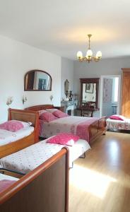 1 dormitorio con 2 camas y espejo en A la Grenouille du Jura, en Bellignat