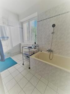 a white bathroom with a tub and a window at Cottage next Svihov castle in Švihov