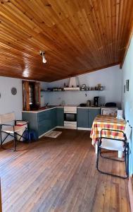 a kitchen with green cabinets and a wooden ceiling at ΠΑΝΑΓΙΑ ΠΑΡΑΔΟΣΙΑΚΟ ΣΠΙΤΙ in Panayia