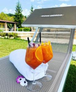 OrtezzanoにあるColle Indaco Wine Resort & Spaのテーブルに座ったガラスの飲み物