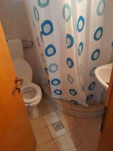 a bathroom with a toilet and a shower curtain at ΠΑΝΑΓΙΑ ΠΑΡΑΔΟΣΙΑΚΟ ΣΠΙΤΙ in Panayia