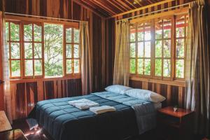 1 dormitorio con 1 cama en una habitación con ventanas en Colina Verde House, en Chontabamba