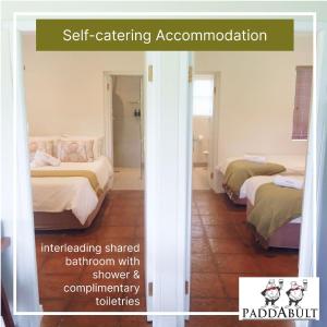 um quarto com três camas e uma placa que diz alojamento auto-suficiente em Paddabult Self Catering Cottages em Paarl