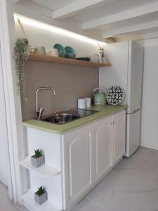 a small kitchen with a sink and a refrigerator at Elafonisos Loft A3 in Elafonisos