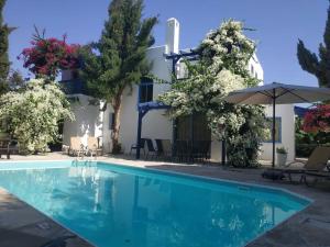 una piscina frente a una casa con sombrilla en Banana Sunset Villas, en Pafos