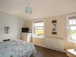 a bedroom with a bed and a tv and two windows at The Old School House in Bodorgan