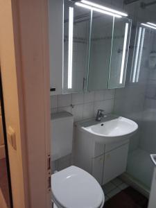 Wohnung 416, Am Kurpark 3, 38700 Braunlage في برونلاغ: حمام مع مرحاض أبيض ومغسلة +33 صورة