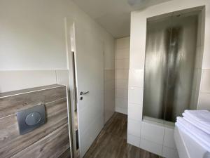 a bathroom with a shower with a glass door at FEWO am See Zarrendorf in Zarrendorf
