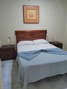 a bedroom with a large bed with a wooden headboard at Lindo piso en el corazón de Cádiz in Cádiz
