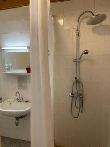 a bathroom with a shower and a sink at Laguna House Balatonberény in Balatonberény