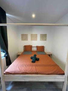 ein Bett mit einer orangenen Decke und einem schwarzen Objekt darauf in der Unterkunft LE TEMPS D UNE PAUSE avec jardin accès au canal du midi in Castelnaudary