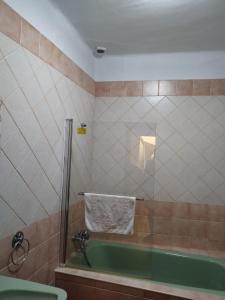 uma casa de banho com um chuveiro e uma banheira com uma toalha em AT LA VIÑUELA em Losar de la Vera