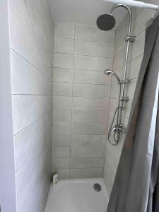 a bathroom with a shower with a toilet in it at TOUT À PIED T2 design près de la gare avec jardin au bord du Canal du Midi in Castelnaudary +26 photos
