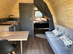 a living room with a couch in a tiny house at Chalet Suédois cocooning in Chazelles