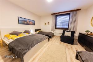 a bedroom with two beds and a chair in it at Appartement Sportwerk in Göstling an der Ybbs