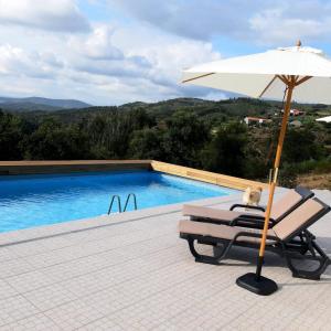 un perro sentado en una silla bajo una sombrilla junto a una piscina en Retiro da Cava, piscina privada, en Oleiros