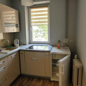 a small kitchen with a sink and a window at Apartament in Nakło nad Notecią