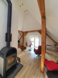 a living room with a wood stove in a room at SkyView Apartment in Jelenia Góra