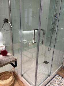 a shower with a glass door in a bathroom at Casa MARcerdanya in Puigcerdà