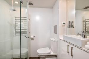 a bathroom with a toilet and a sink and a shower at Lantern 1 bedroom terrace with mountain views in Thredbo