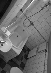 a bathroom with a white toilet and a sink at Zaku Krogs in Jūrkalne
