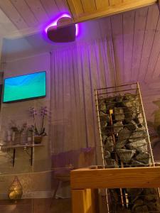 Cette chambre est dotée d'un mur en pierre et de lumières violettes. dans l'établissement Love Space Sensory Spa & relax suite, à Santa Maria delle Mole