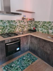 uma cozinha com um balcão com um lavatório e um fogão em Dimora degli angeli em LʼAquila