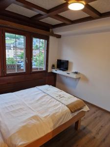 a bedroom with a bed and a desk with a computer at Hotel Chalet Bellerive in Spiez