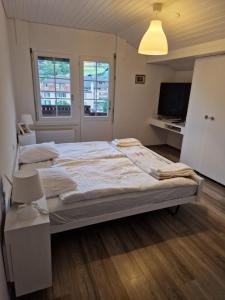 1 dormitorio con 1 cama grande y TV en Hotel Chalet Bellerive en Spiez