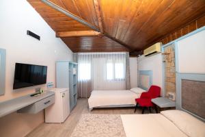 Gokceada Town的住宿－Yakamoz Hotel Gökçeada，一间卧室配有一张床、一台电视和一张沙发