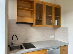 una cucina con mobili in legno e un lavello di ApartmentTallinas70B a Riga