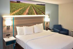 Bett in einem Hotelzimmer mit Wandgemälde in der Unterkunft Clarion Pointe Vidalia - Lyons West in Vidalia