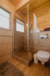 a wooden bathroom with a shower and a toilet at Domek drewniany - Czerwienne in Czerwienne
