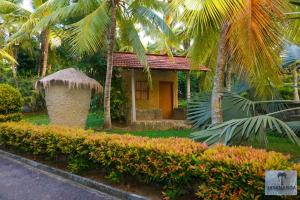 a small house with palm trees and a building at Jayananda Estate Villa in Dickwella