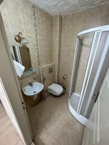 a bathroom with a shower and a toilet and a sink at Hypatia Apt in Trabzon +72 photos