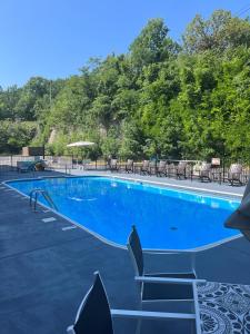 einen großen blauen Pool mit Stühlen und Bäumen in der Unterkunft Oak Ridge at Branson in Branson