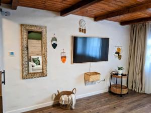 a living room with a tv and a mirror at Tokaj Zlatá Putňa - Restaurant & Pension in Viničky