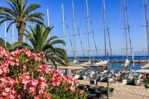 eine Gruppe von Booten, die an einem Yachthafen mit rosa Blumen angedockt sind in der Unterkunft Apartmani Miljak Trpanj in Trpanj