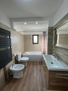 ein Badezimmer mit 2 WCs, einer Badewanne und einem Waschbecken in der Unterkunft Ambra Dream Home in Câmpulung Moldovenesc