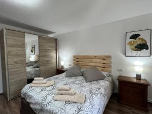 ein Schlafzimmer mit einem großen Bett mit zwei Handtüchern darauf in der Unterkunft Ambra Dream Home in Câmpulung Moldovenesc