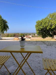 une table jaune et deux chaises dans une cour dans l'établissement La Locanda di Felisiano, à Monopoli