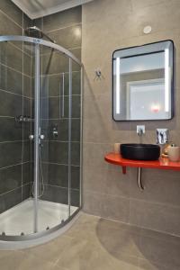 uma casa de banho com um chuveiro, um lavatório e um espelho. em Michaliou Kipos Luxury Villas em Afiartis