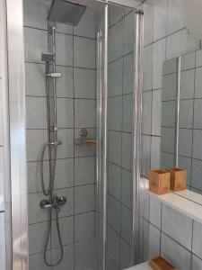 a shower with a glass door in a bathroom at Apartment in a house among three beaches in Sutomore