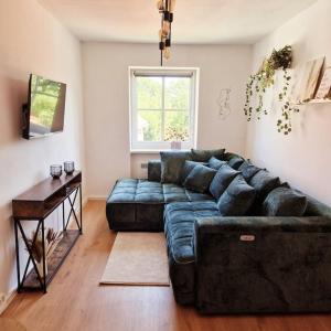 ein Wohnzimmer mit einem blauen Sofa und einem Tisch in der Unterkunft Traumhafte Auszeit in Bad Lauchstädt