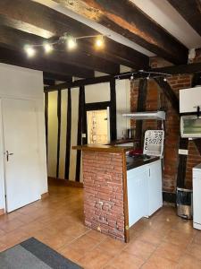 a kitchen with a counter and a brick wall at T2 vue sur La Place Plumereau in Tours