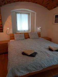 1 dormitorio con 1 cama grande y ventana en Gemütliche Familienwohnung, en Lannach