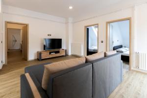a living room with a couch and a tv at Apartma PUHAN 